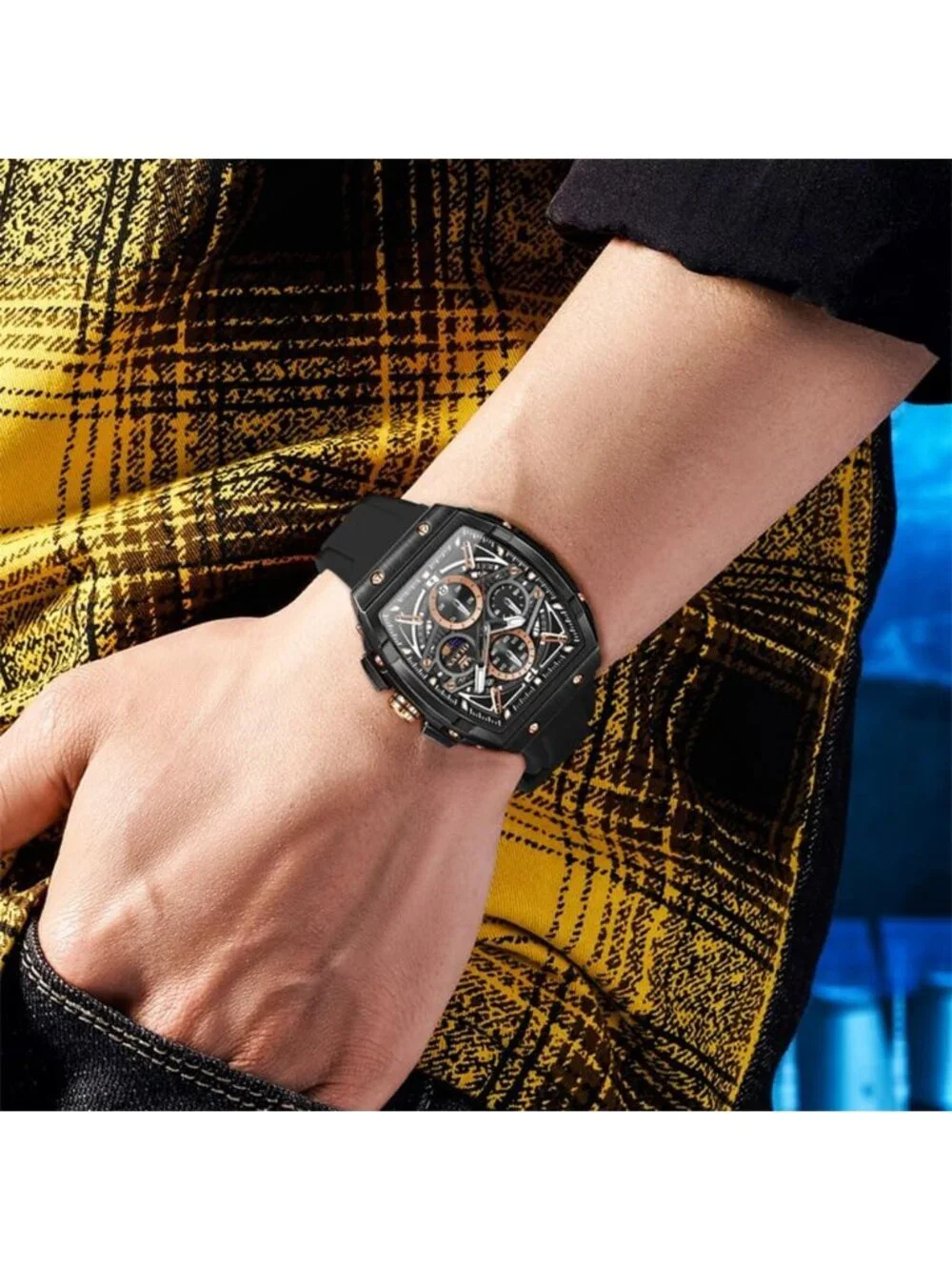 Men's Black Chronograph Big Square Analog Silicone Strap Waterproof Wrist Watch
